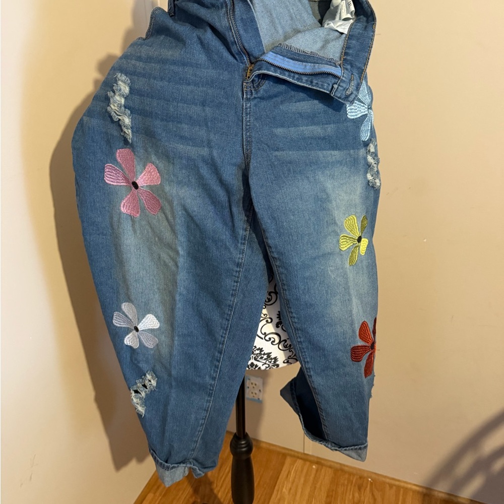 SHEIN Blue Jeans with Multicolor Floral Embroidery